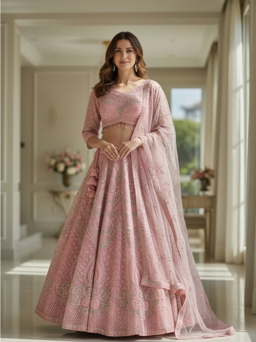 Embellished PINK Lehenga Choli with Sheer Dupatta